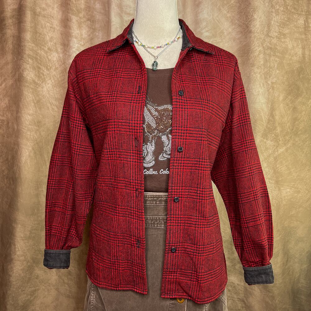 Vintage 80s Woolrich Woman Houndstooth Plaid Button Up Flannel Shirt Cabincore